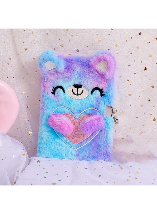 YelaJoy Fuzzy Bear Diary Notebook, Diary with Lock and Tie-Dye, Secret Lock Diary for Writing and Drawing, Hardcover Fluffy Bear Secret Diary for Kids - Image 2